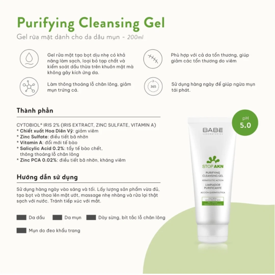 Sữa rửa mặt BABE Stop AKN Purifying Cleansing Gel cho da dầu mụn 200ml 2