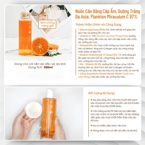 Nước Cân Bằng Cấp Ẩm Và Dưỡng Trắng Da - Miraculum Asta.Plankton C - Revitalizing Face Tonic (200ml) 1