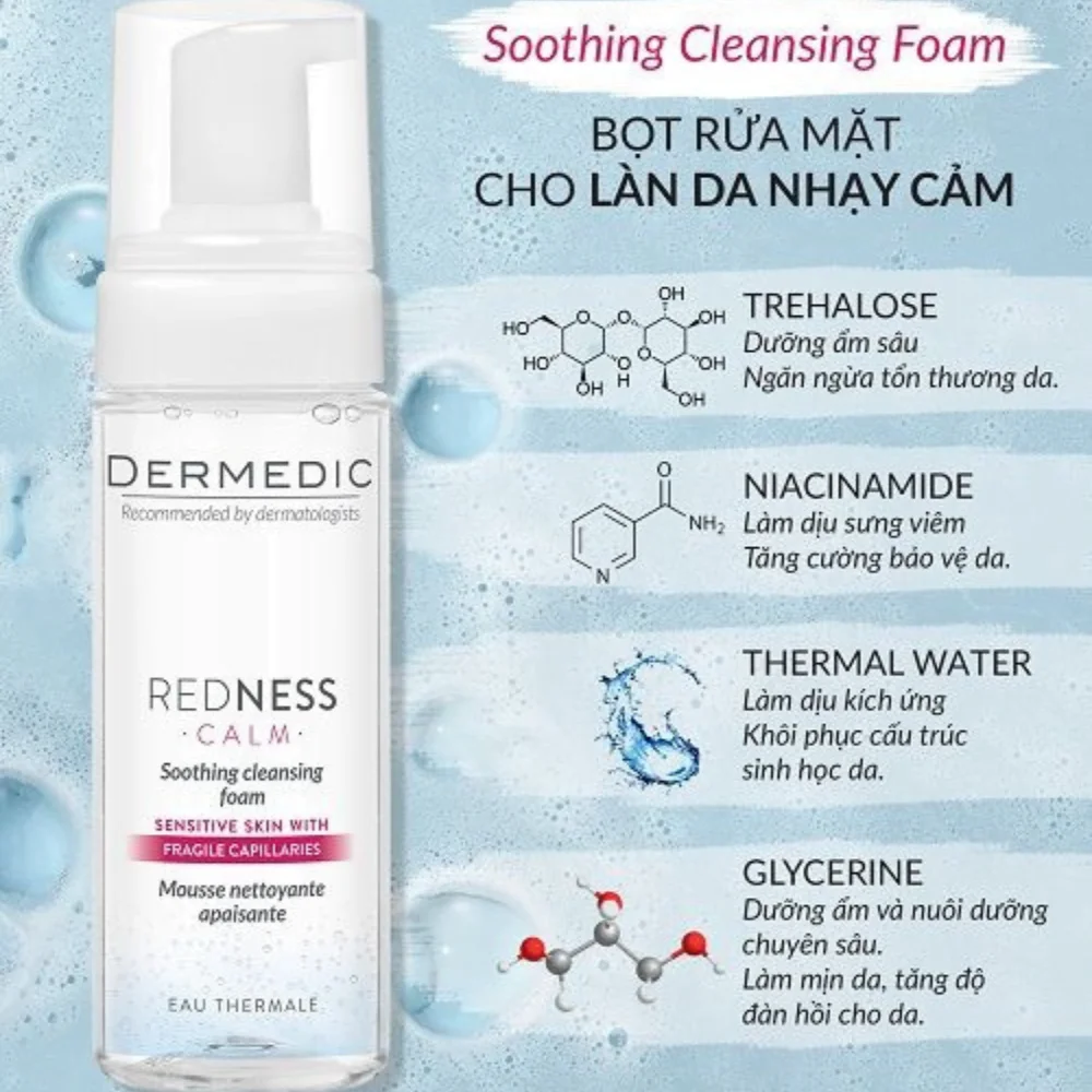 Bọt rửa mặt giảm mụn, thâm Dermedic Redness Calm Soothing cleansing foam 3