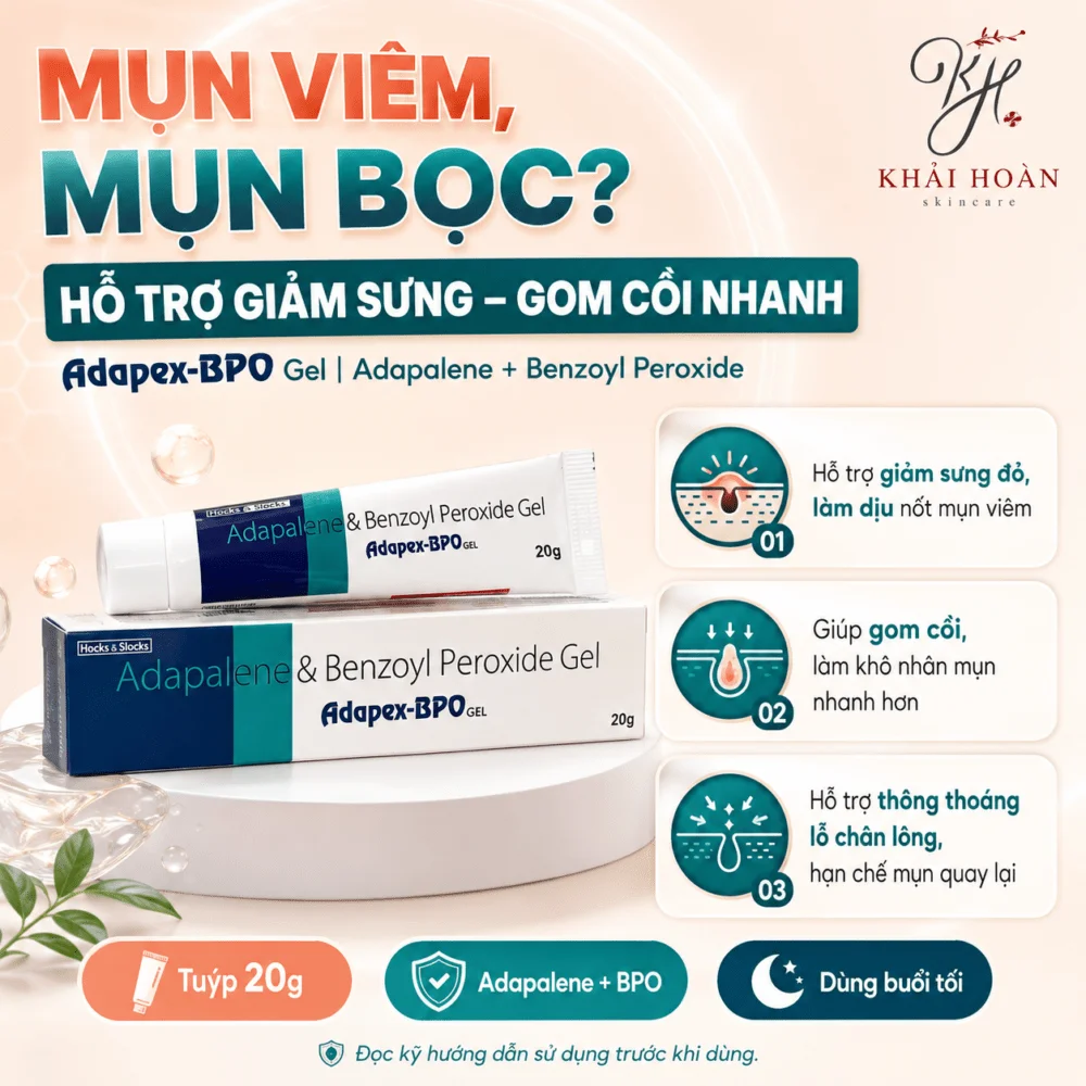 Gel Giảm Mụn Adapex-BPO (Adapalene & Benzoyl Peroxide) 20g - Trị Mụn Trứng Cá, Mụn Viêm