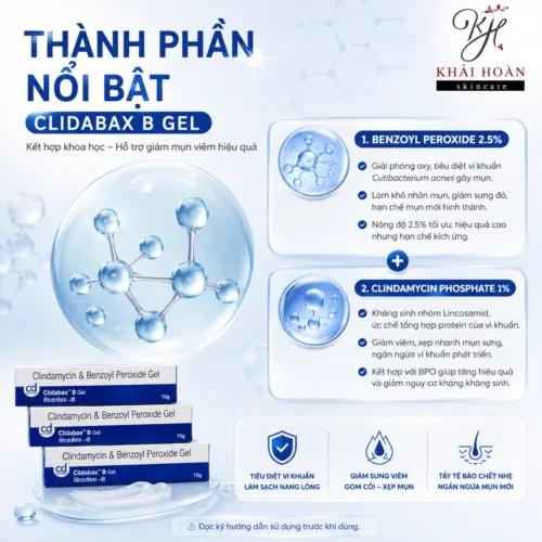 Gel Trị Mụn Clidabax B Gel (Clindamycin 1% & Benzoyl Peroxide 2.5%) Tuýp 15g - Giảm Sưng, Gom Cồi Mụn 1