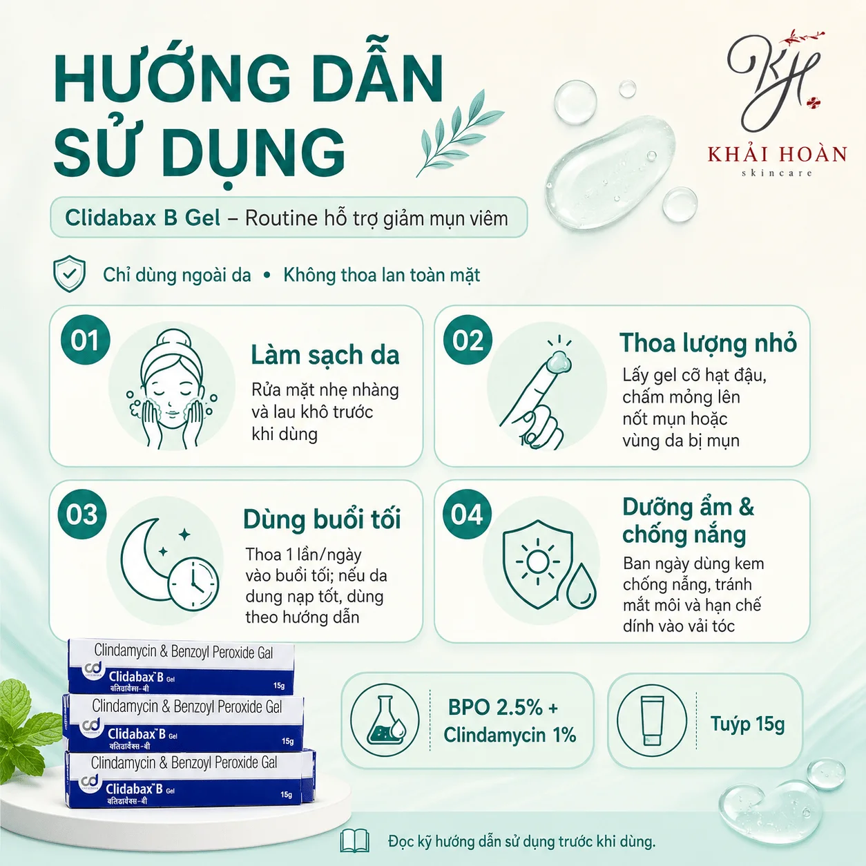 Gel Trị Mụn Clidabax B Gel (Clindamycin 1% & Benzoyl Peroxide 2.5%) Tuýp 15g - Giảm Sưng, Gom Cồi Mụn 3