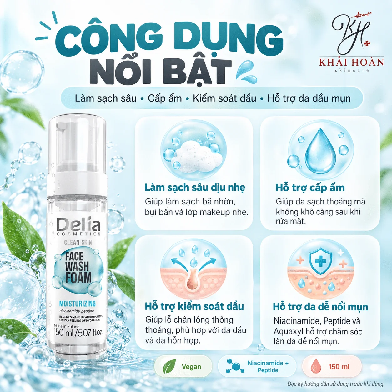 Sữa Rửa Mặt Tạo Bọt Cho Da Dầu Mụn Delia Clean Skin Face Wash Foam Moisturizing 150ml 2