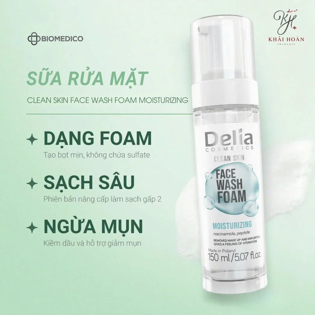 Sữa Rửa Mặt Tạo Bọt Cho Da Dầu Mụn Delia Clean Skin Face Wash Foam Moisturizing 150ml 6