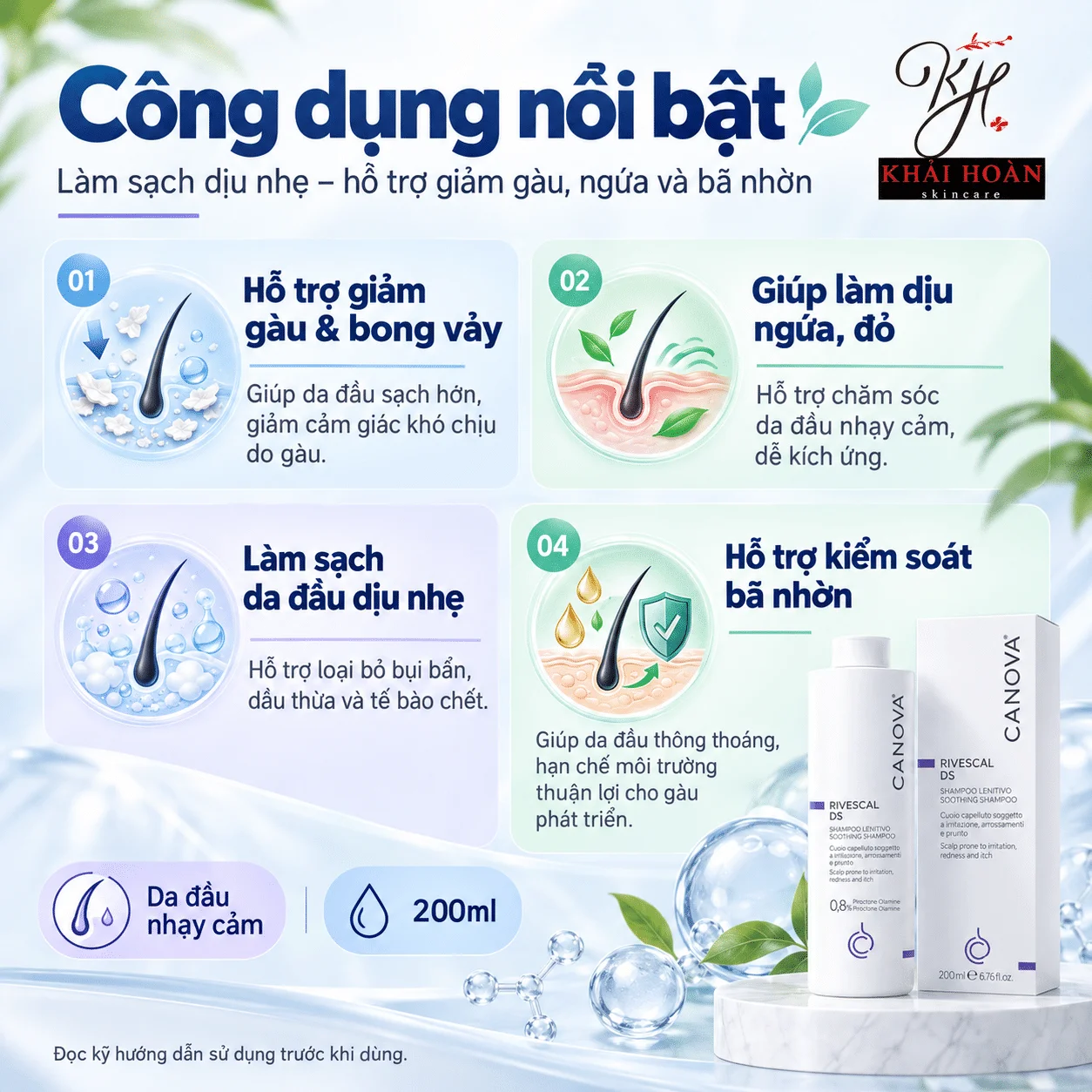Canova Rivescal DS 200ml – Dầu Gội Hỗ Trợ Giảm Gàu, Ngứa Da Đầu, Bong Vảy 2